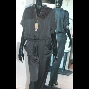 Black Silky Drawstring Button-Down Jumpsuit (M)